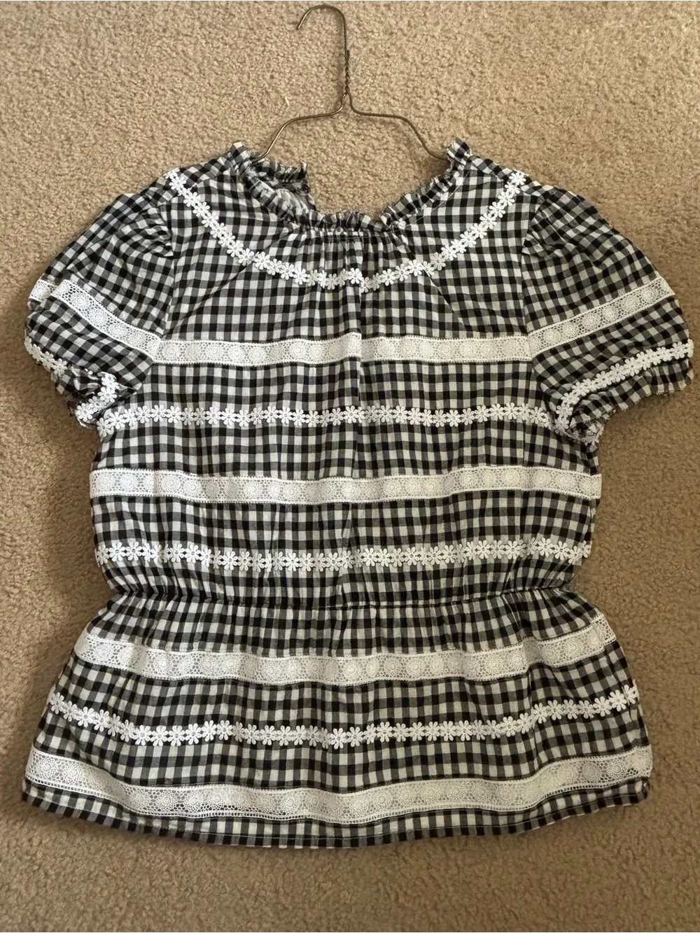 J. Crew Black and White Gingham Lace-Trim Peasant Blouse